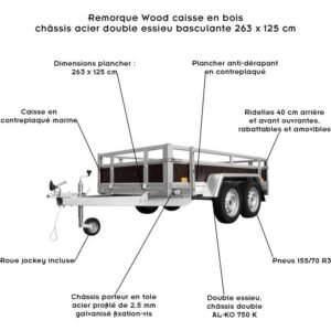 TEMA WOOD Remorque double essieux basculante caisse contreplaqué châssis Acier 263x125 cm